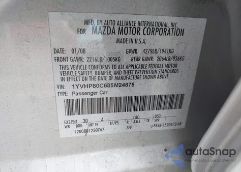 2008 Mazda Mazda6 I Sport Ve из США, поврежденный, VIN 1YVHP80C685M24878